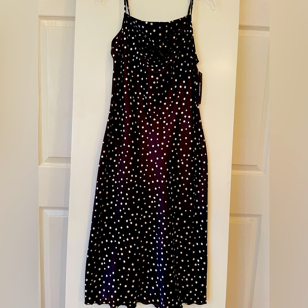 S BEBE Satin Square Cowl Neck Midi Slip Dress Classic Black/White Polka Dot NWT